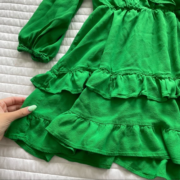 Green Zara Ruffled Long Sleeve Mini Dress Size Small - Picture 2 of 5